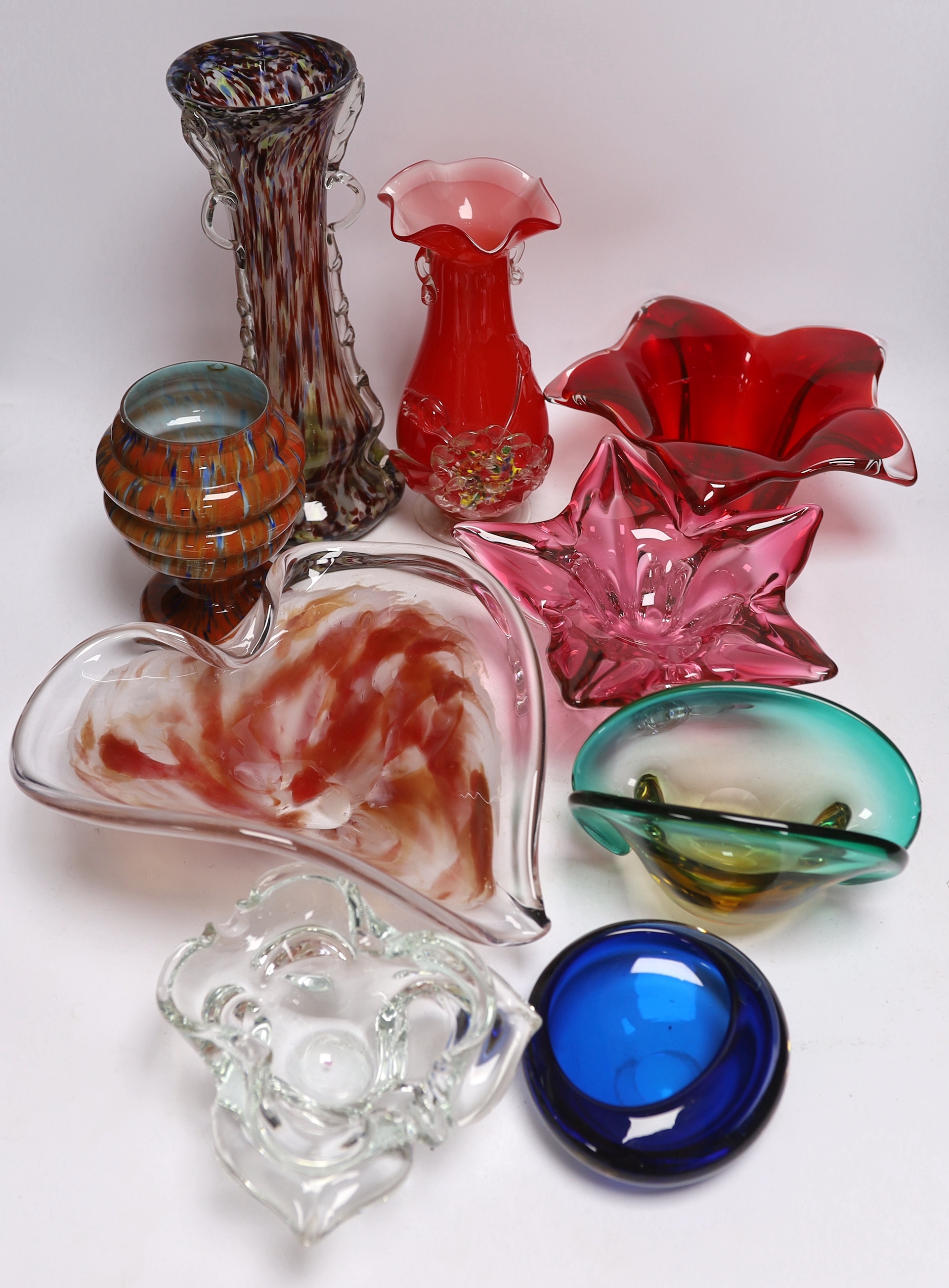 Nine pieces of Murano glassware to include a leaf design dish and three vases, largest 31cm high